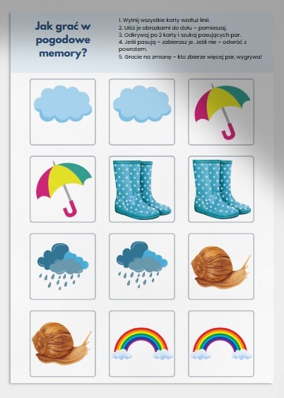 Karty pracy z kolorowaniem scenek z deszczową pogodą