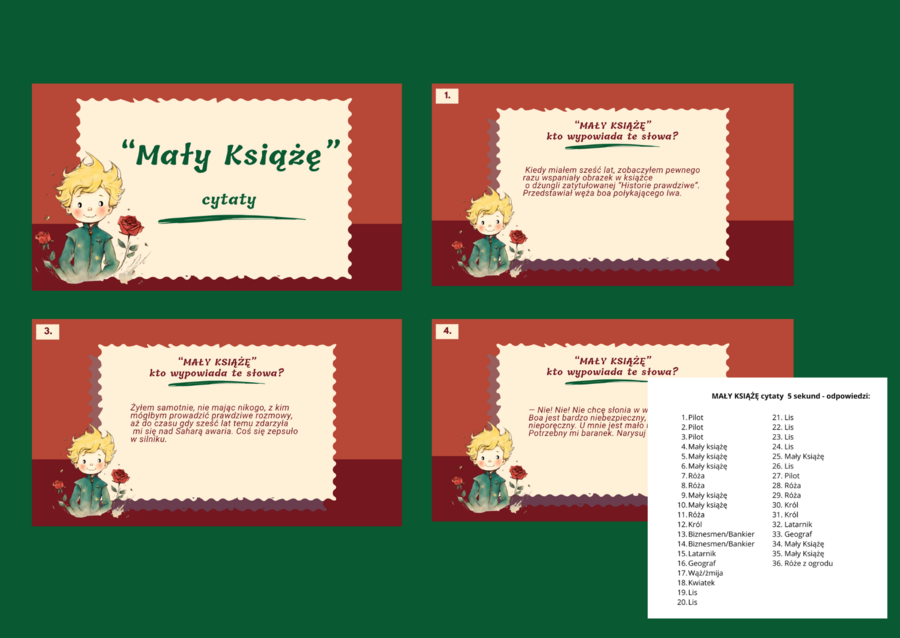 "MAŁY KSIĄŻĘ" - cytaty - powtórka - egzamin - PREZENTACJA - 38 slajdów + odpowiedzi