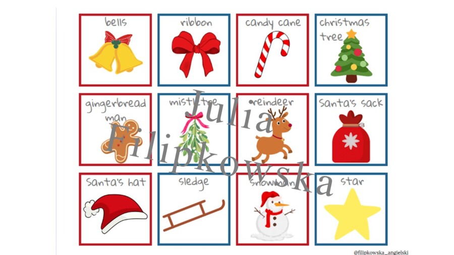 Christmas memory/ Boże Narodzenie/ Christmas/ Memory/ Gra/ Gra językowa/ Karty obrazkowe/ Zabawa/ Dzieci/ Warm-up/ Rozgrzewka/ Słownictwo/ SP 1-3/ SP 4-6/ SP 4-8/ SP 8