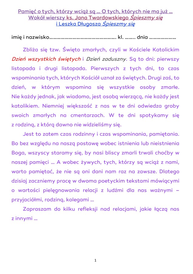 "Śpieszmy się" - o utrwalaniu relacji i pamięci po zmarłych - wiersze ks. Jana Twardowskiego i Leszka Długosza