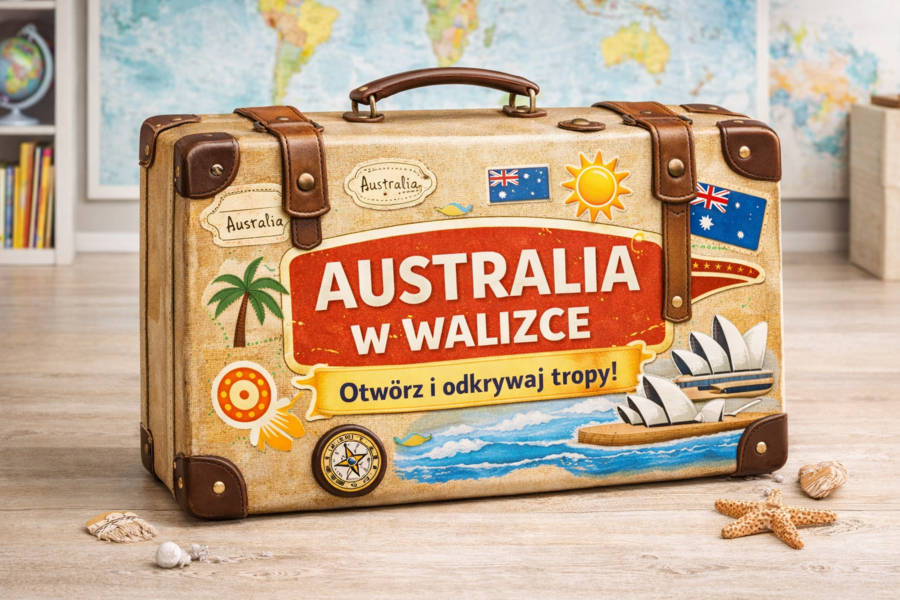 Australia w walizce, mapa Australii na podłodze, paszport podróżnika po Australii