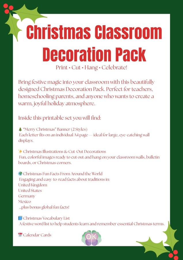 🎄 Christmas Classroom Decoration Pack – Świąteczna Gazetka Do Druku Print • Cut • Hang • Celebrate! 🎅✨dekoracje świąteczne, gazetka bożonarodzeniowa, angielski, materiały do druku, klasa, grudzień, tradycje świąteczne, słownictwo świąteczne., Christmas d