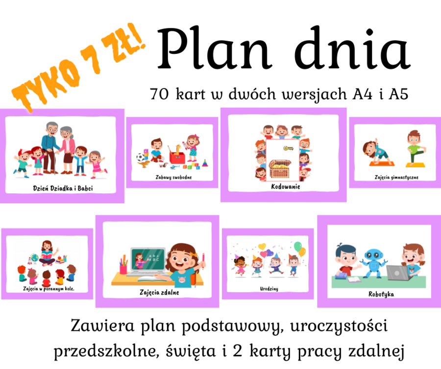 Plan dnia - przedszkole - 70 kart!