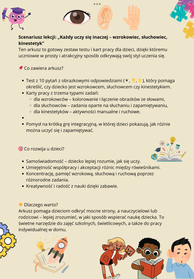 Scenariusz lekcji- WZROKOWIEC/SŁUCHOWIEC/KINESTETYK