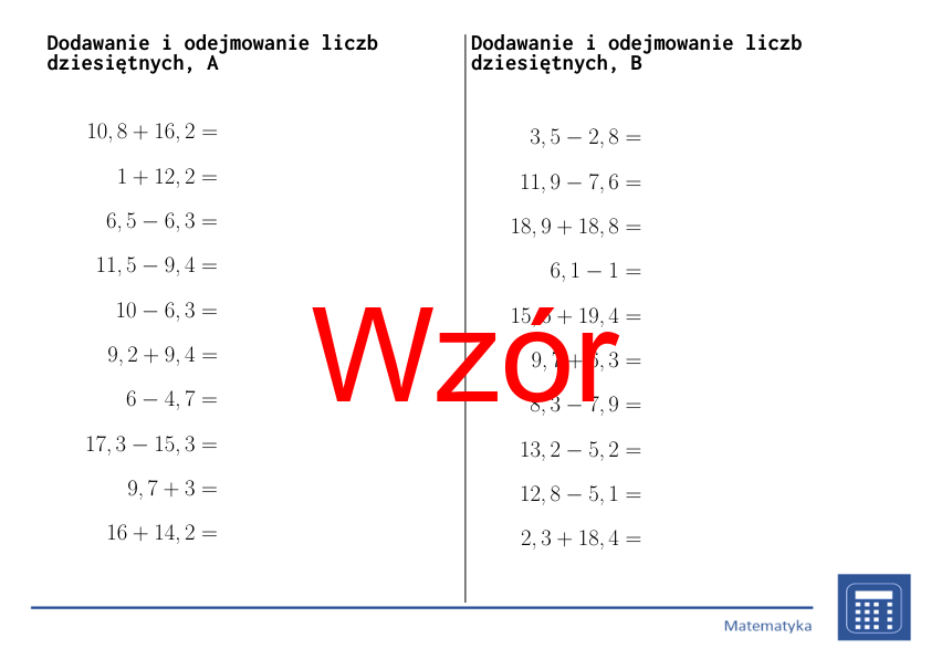 Dodawanie i odejmowanie liczb dziesiętnych | matematyka | 26 kolumn