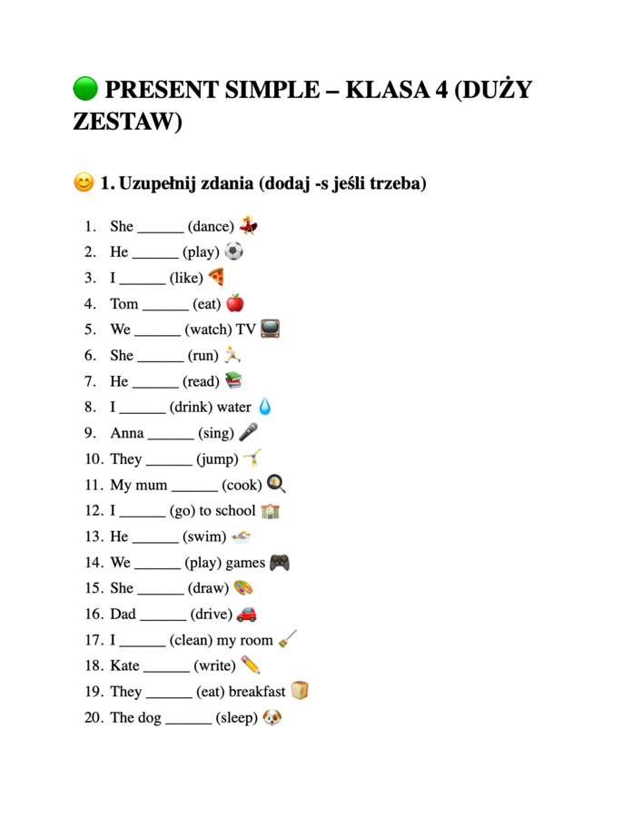 Karty pracy - Present Simple klasa 4
