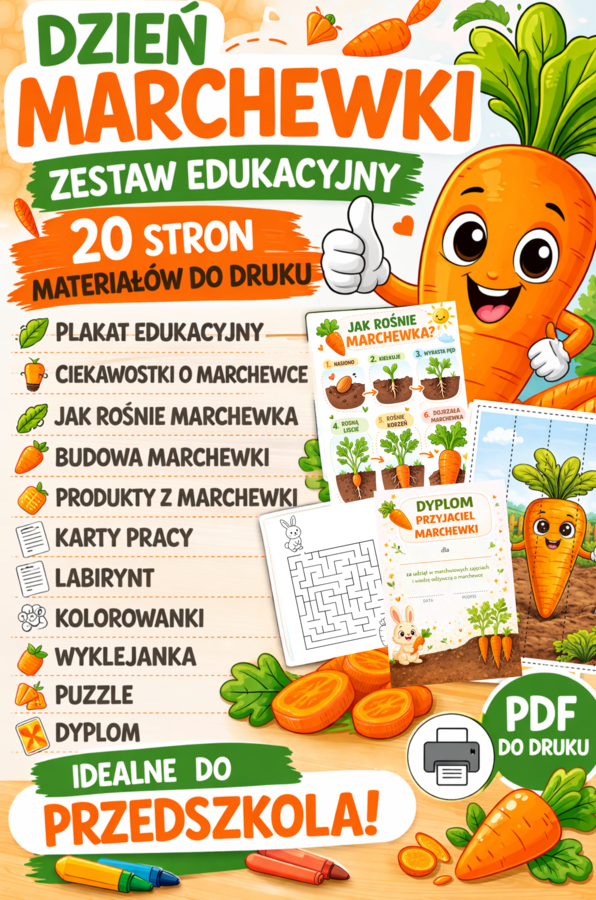 Dzień Marchewki – zestaw edukacyjny | karty pracy, plakaty, puzzle | PDF