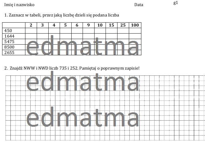 Kartkówka - cechy podzielności liczb, nww, nwd