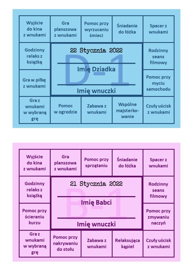 Kartki - kupony na Dzień Babci i Dziadka