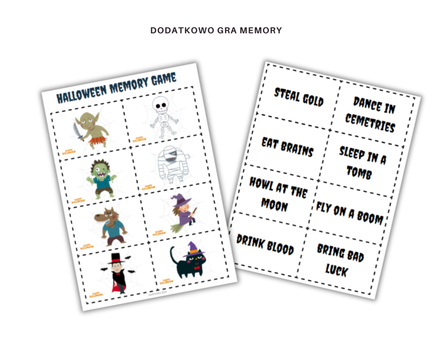 Spooky Sentences: Present Simple Worksheets Halloween Edition Arkusz ćwiczeń Karty pracy na ćwiczenie czasu Present Simple dla klasy 5 Motyw Halloween Dodatkowo Gra Memory