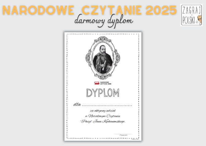 Narodowe Czytanie 2025 („Poezje” J. Kochanowskiego) – dyplom