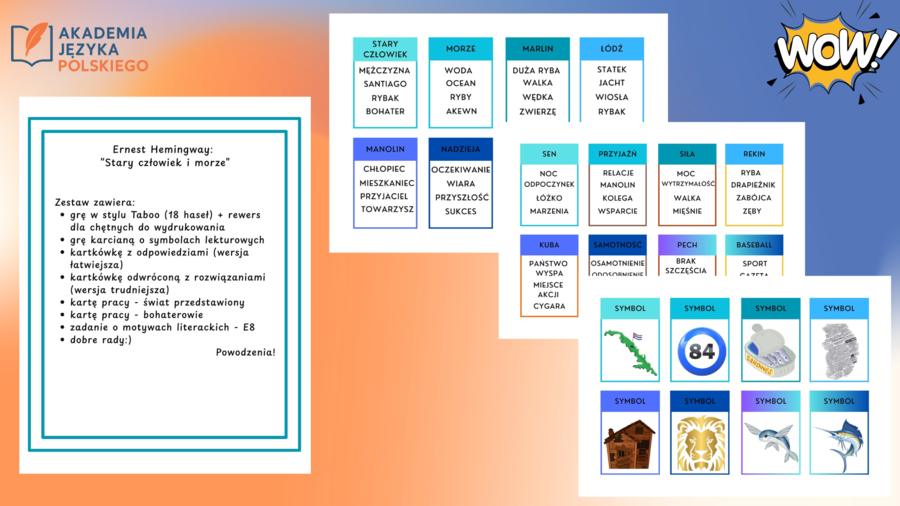 "Stary człowiek i morze" - kompletny pakiet: dwie gry karciane, (odwrócona) kartkówka, dwie karty pracy i garść pomysłów