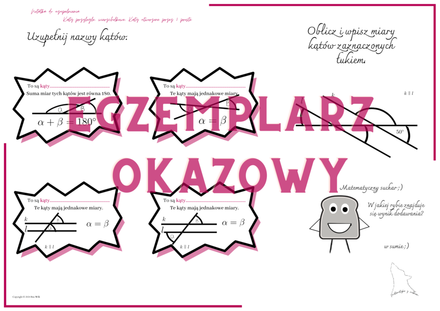 Kąty przyległe, wierzchołkowe, Kąty utworzone przez 3 proste notatka do uzupełnienia