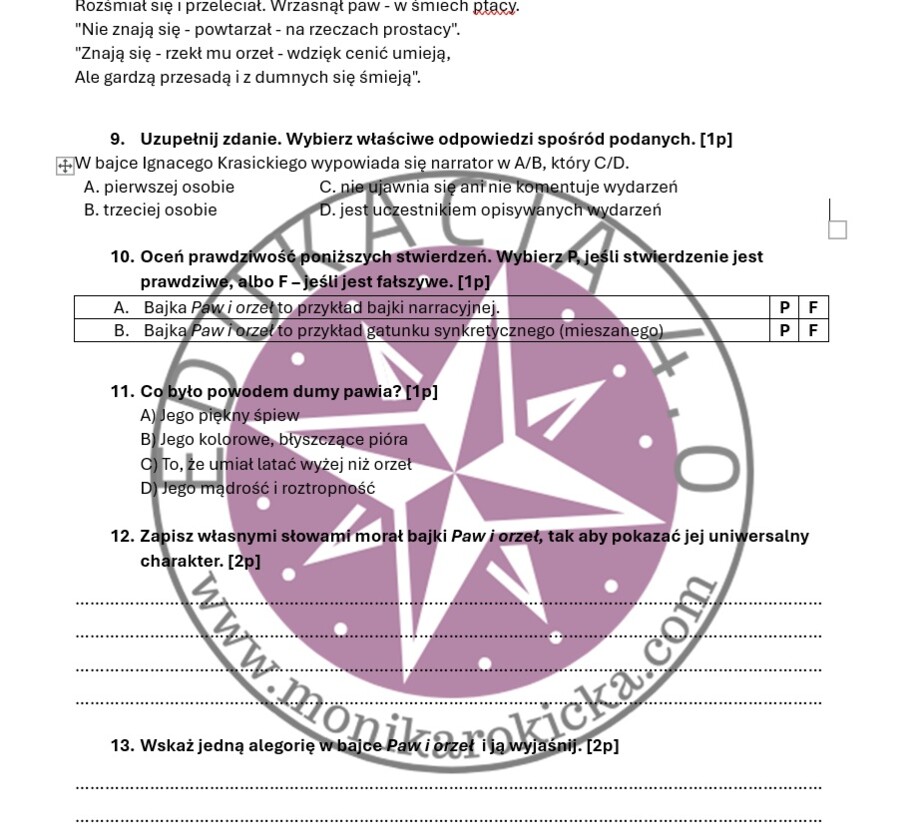 Twórczość Ignacego Krasickiego - karta pracy/sprawdzian