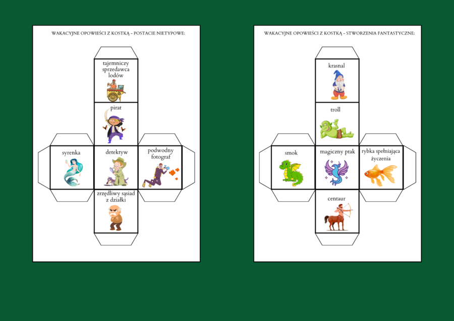 WAKACYJNE OPOWIEŚCI Z KOSTKĄ - ćwiczenia redakcyjne - 11 szt. - wakacje - lato - opowiadanie