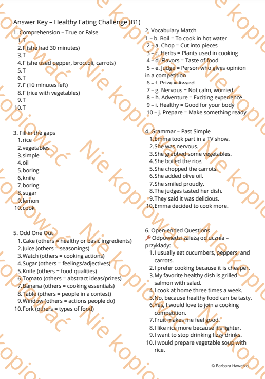 Karta Pracy Czytanka Healthy Eating Challenge A2+/B1