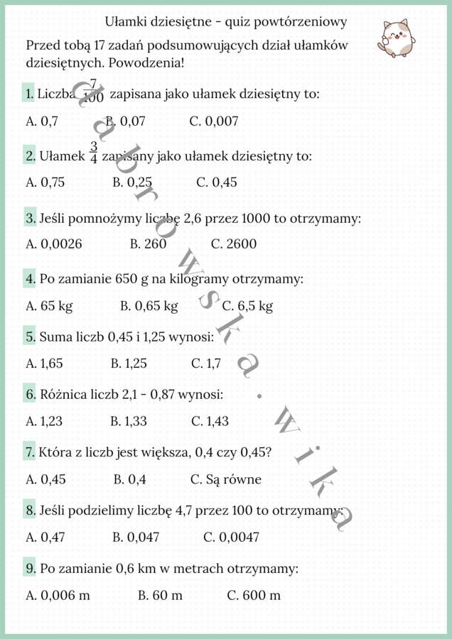 Ułamki dziesiętne - quiz powtórzeniowy