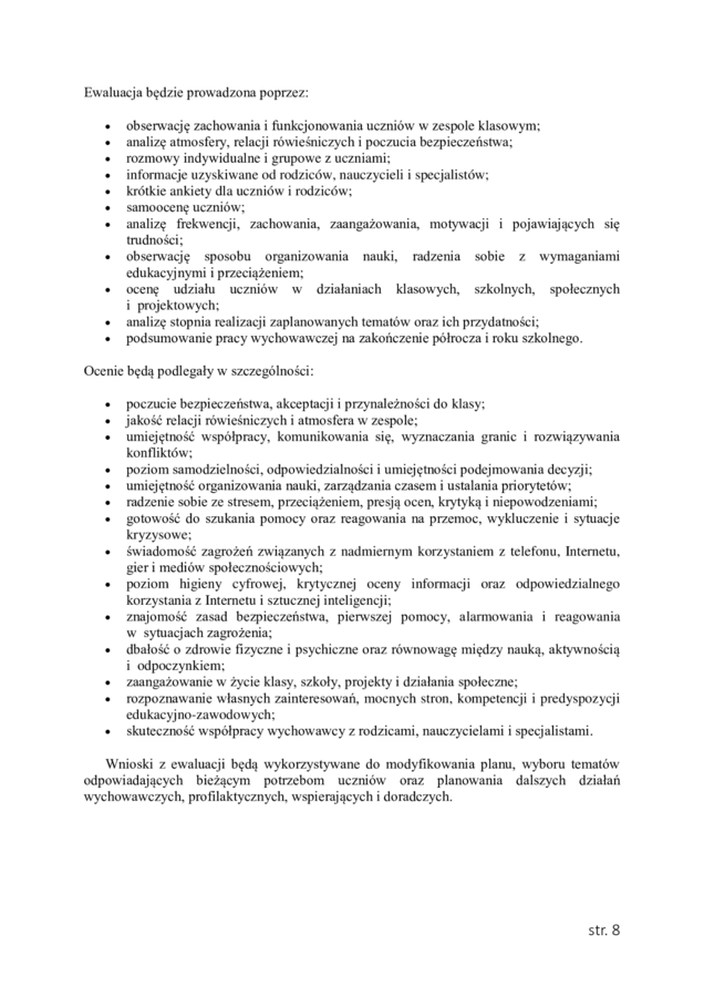 PLAN PRACY WYCHOWAWCZEJ dla klasy VII na rok szkolny 2026/2027