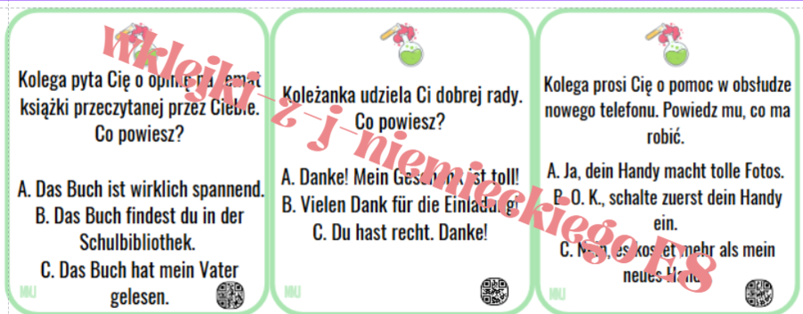 Zadanie 5 - reakcje, powtórka E8, rozgrzewka, stacja zadaniowa, umiejętność reagowania, j. niemiecki