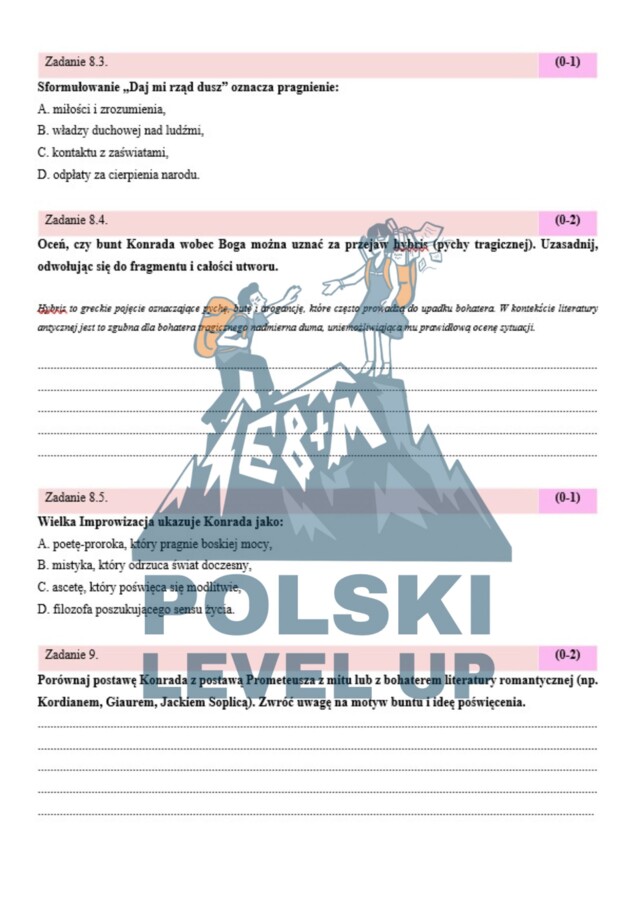 Test (35 zadań+ podpunkty+tematy wypracowań P +R)_Dziady cz. III_Polski Level Up