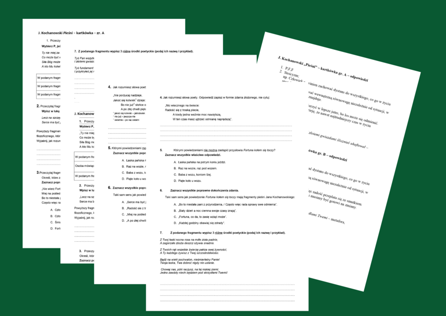 Jan Kochanowski PIEŚNI - kartkówka - 2 grupy + odpowiedzi - kl.7-8