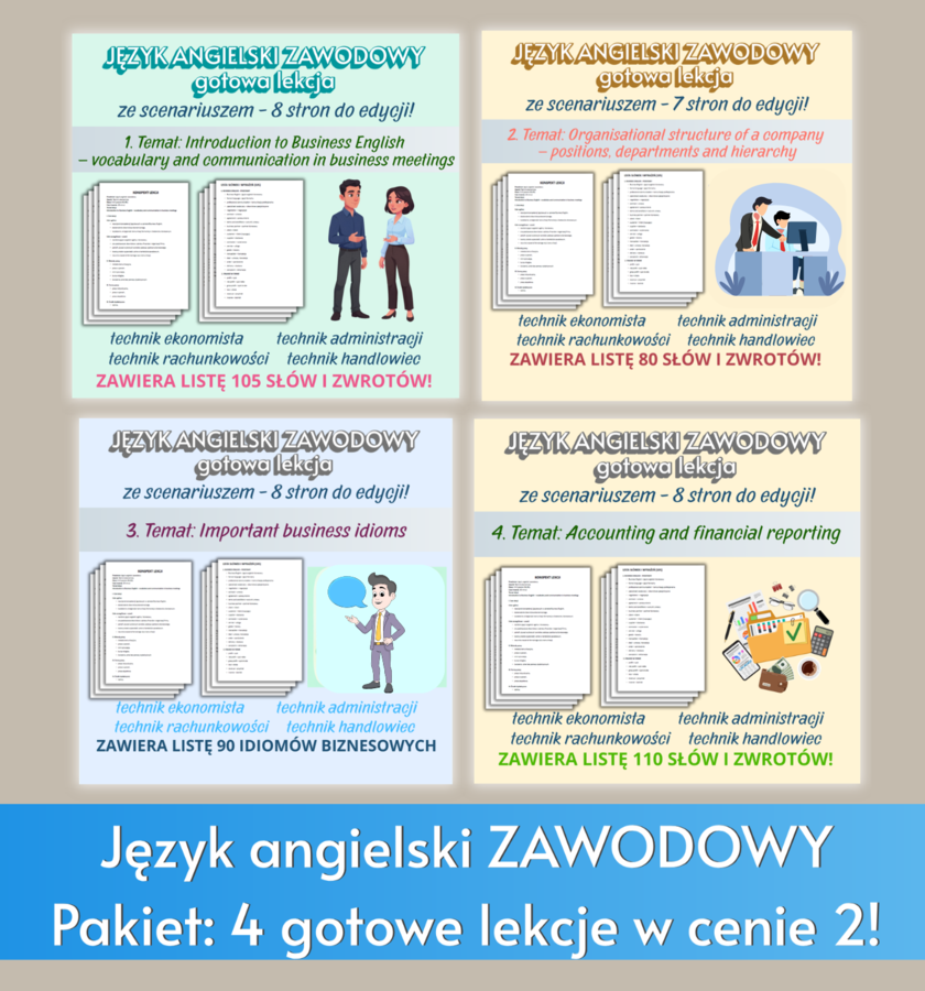 JĘZYK ANGIELSKI ZAWODOWY – PAKIET 4 GOTOWYCH LEKCJI, SCENARIUSZE Z LISTAMI SŁÓW I WYRAŻEŃ