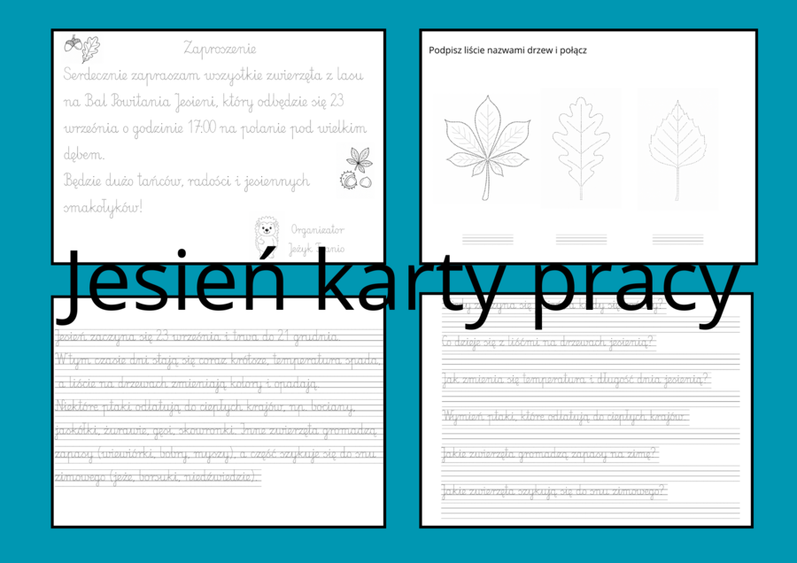 Jesień 4 karty pracy - zaproszenie, pisanie po śladzie, terapia ręki