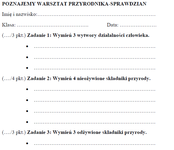 Poznajemy warsztat przyrodnika - sprawdzian