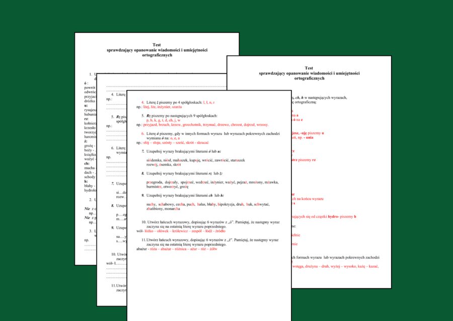 Test ortograficzny sprawdzający znajomość zasad ortograficznych - ORTOGRAFIA - zasady ortograficzne - sprawdzian - karta pracy - klasy 4-8 + ODPOWIEDZI