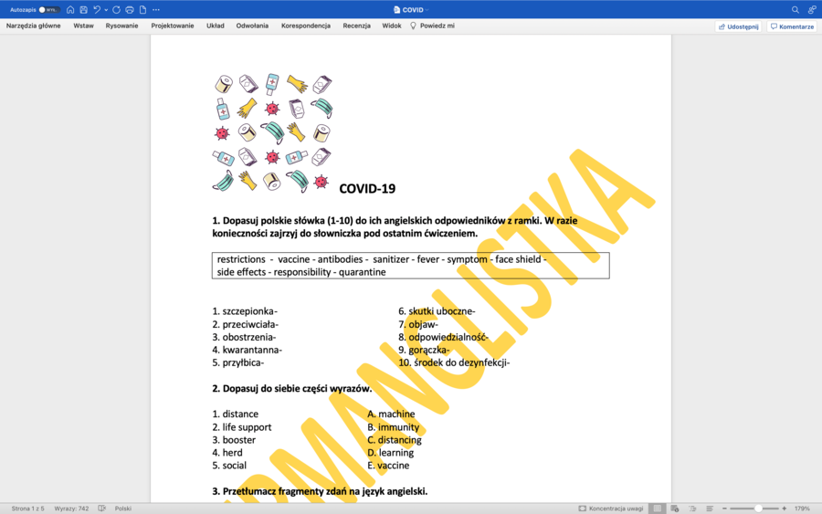 COVID-19 - słownictwo - ćwiczenia z kluczem i rozbudowanym słowniczkiem