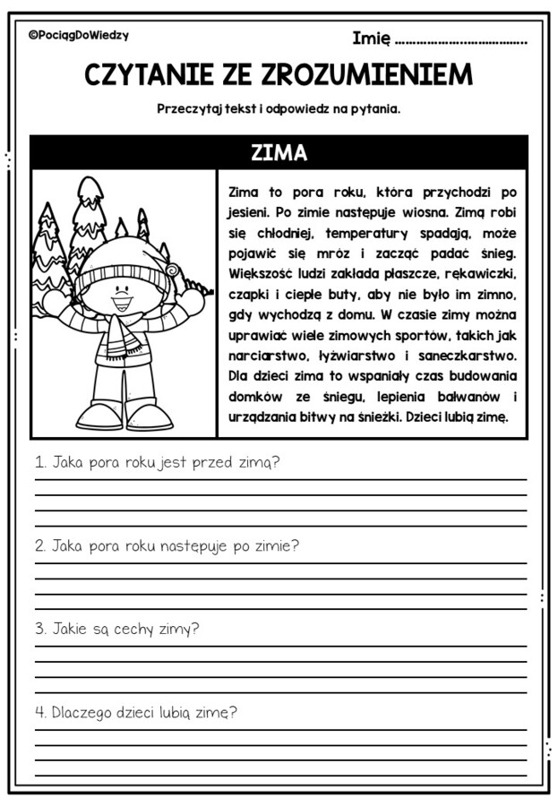 Czytanie ze zrozumieniem - Zimowe czytanki