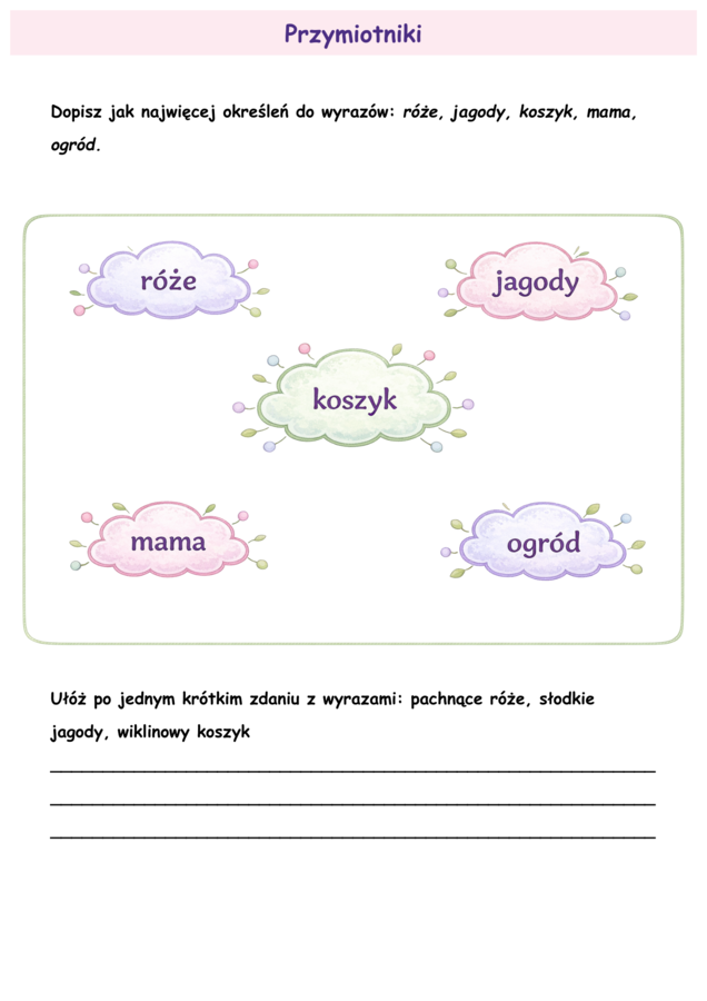 Róża je jagody – 16 kart pracy PDF do druku | czytanie, pisanie, liczenie