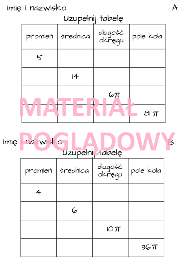 Pole koła i długość okręgu - notatka (plansza) + karta pracy. klasa 7 - 8.
