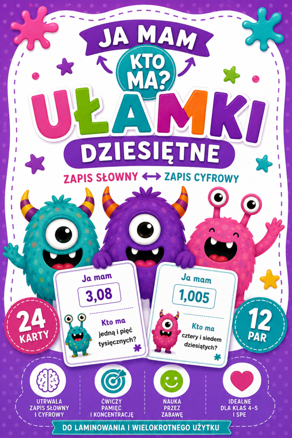 👾 „Przecinkowe potworki – Ja mam, kto ma? | ułamki dziesiętne | zapis słowny i cyfrowy | SPE | klasy 4–5”