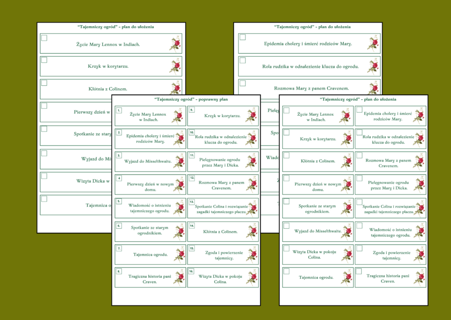 "TAJEMNICZY OGRÓD" – plan wydarzeń – fiszki – 3 wersje