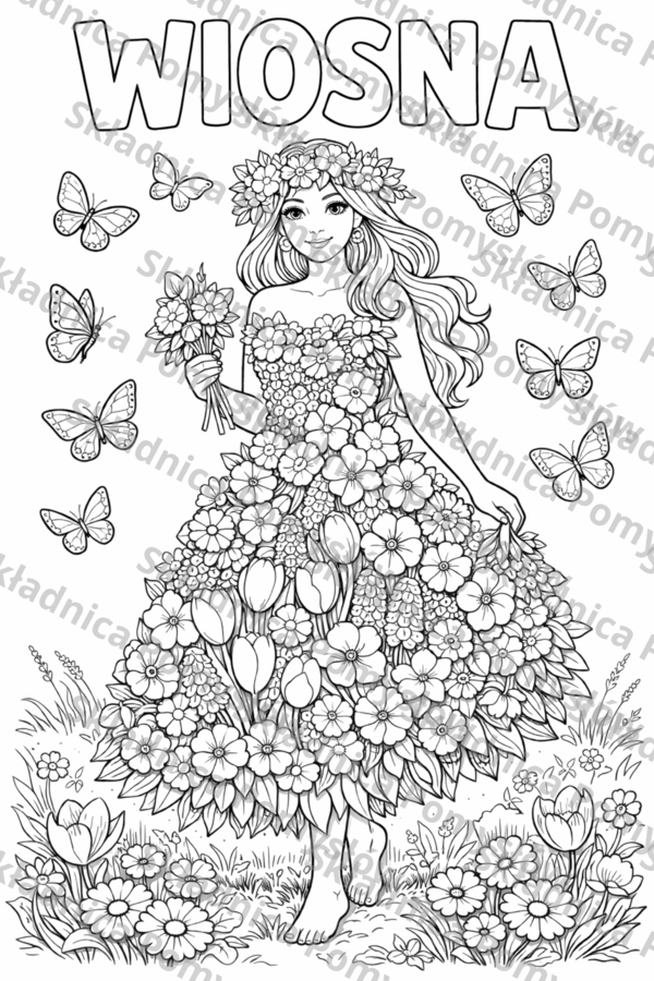 PANI WIOSNA - kolorowanka XXL do druku 9xA4 + miniatura A4; plakat; dekoracja; świetlica