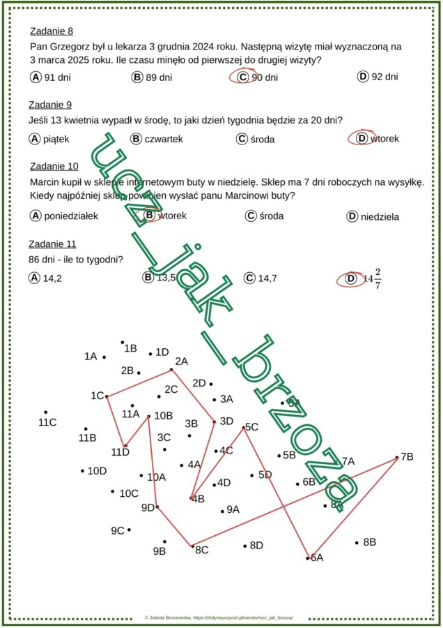 Karta pracy, połącz kropki, obliczenia zegarowe i kalendarzowe, klasa 6, kalendarz i czas