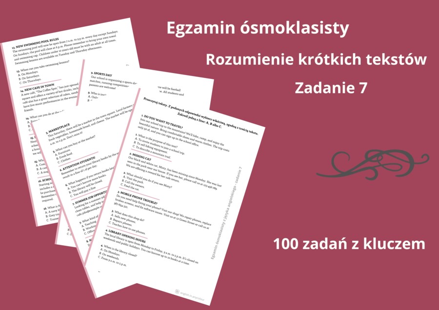 Angielski – Egzamin ósmoklasisty. Rozumienie krótkich tekstów (zadanie 7). 100 ćwiczeń z kluczem odpowiedzi