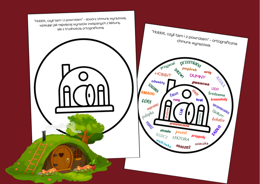 🧙Lekturowa chmura wyrazowa – "HOBBIT, czyli tam i z powrotem"– chmura – karta pracy - ortografia💍