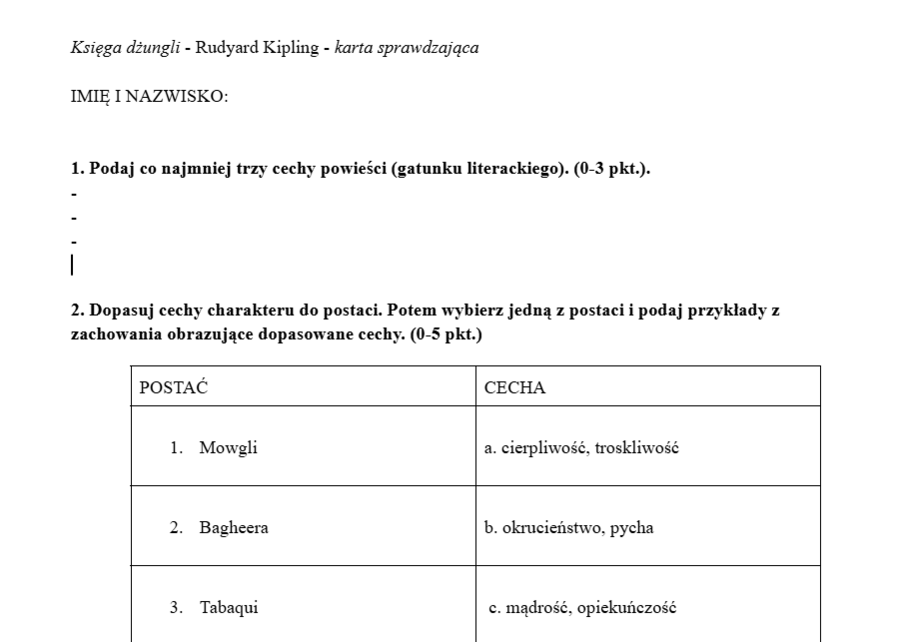 Księga dżungli - sprawdzian po omawianiu