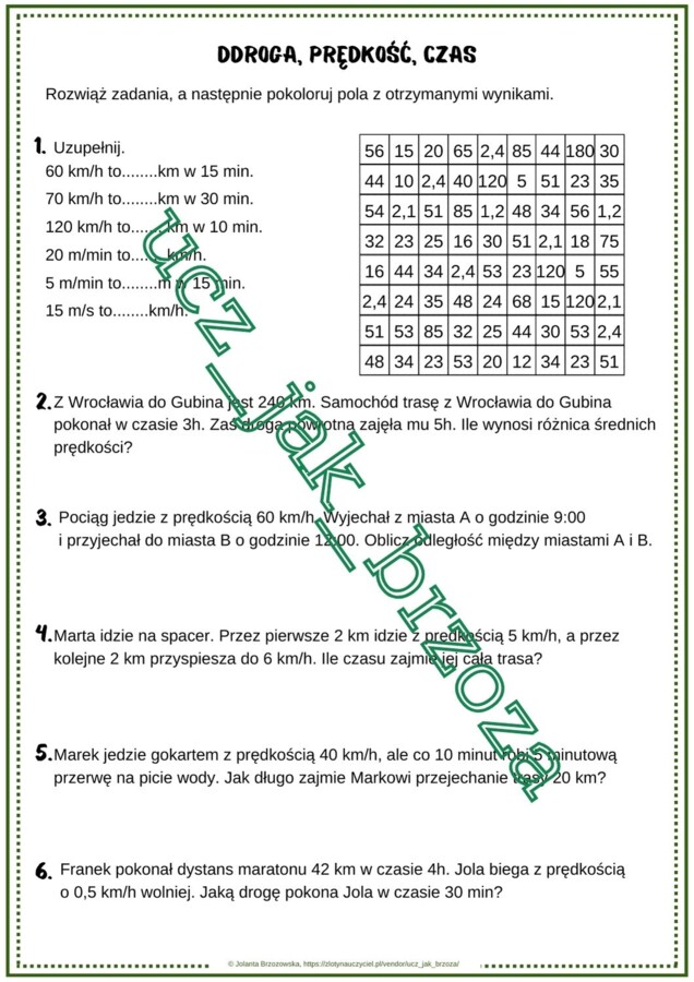Droga, prędkość, czas, karta pracy, kodowanie, klasa 6, walentynki
