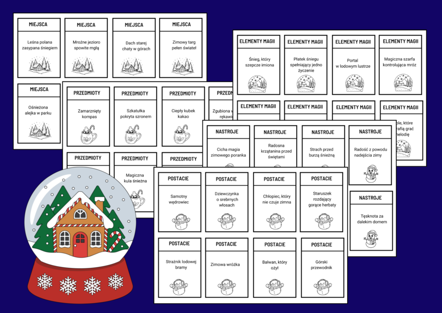 ❄️🎄Karty inspiracji - Zestaw kreatywnych kart do pisania zimowych opowiadań dla dzieci i młodzieży🌟 - zima - opowiadanie - ćwiczenia redakcyjne - 120 szt.