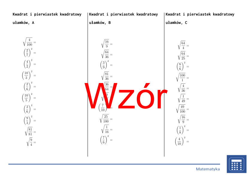 Kwadrat i pierwiastek kwadratowy ułamków | matematyka | 26 kolumn