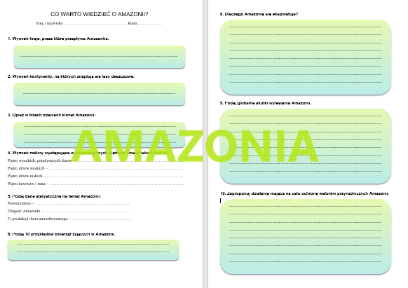 Amazonia - karta pracy