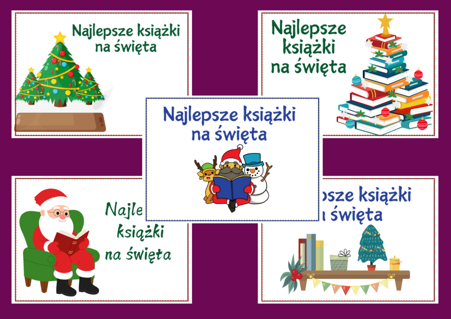 Najlepsze książki na święta – BIBLIOTEKA – Boże Narodzenie - gazetka- wystawka – napis – 10 wersji