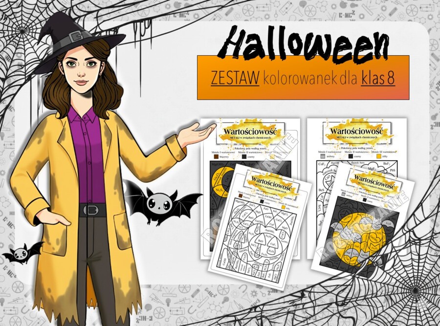 Klasa 8. Chemia. Określanie wartościowości metali w związkach chemicznych. Halloween. Chemiczna kolorowanka. ZESTAW. Karta pracy. Zadanie.