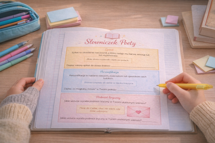 „Słowniczek poety” do wklejenia. WKLEJKA. [Epitet, Personifikacja, Nastrój, Podmiot liryczny)