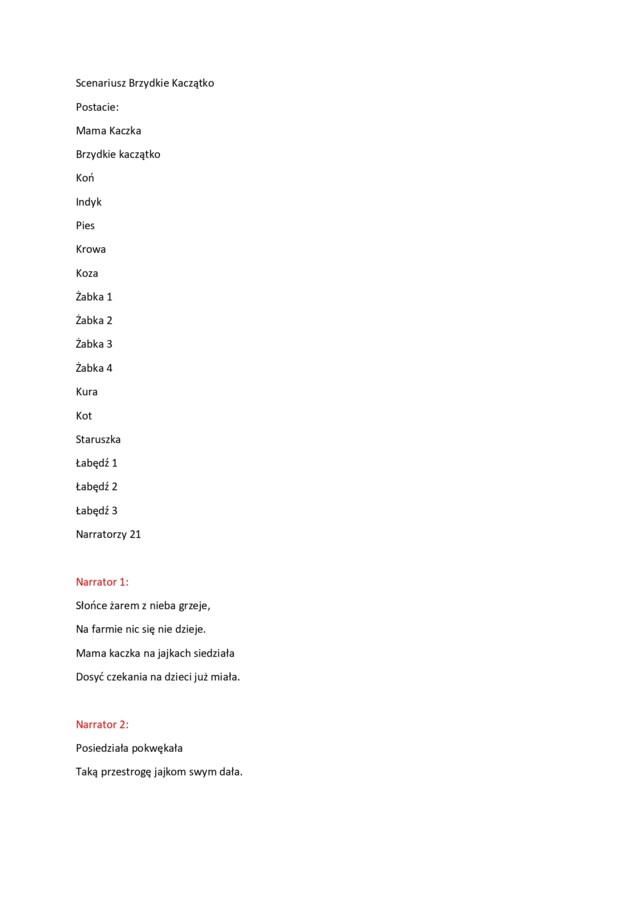 Scenariusz przedstawienia Brzydkie Kaczątko