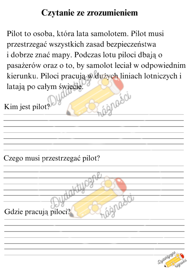 Czytanie ze zrozumieniem klasa 1. Pytania do tekstu. ZAWODY (kucharz, pilot, policjant, budowlaniec, piekarz, lekarz)