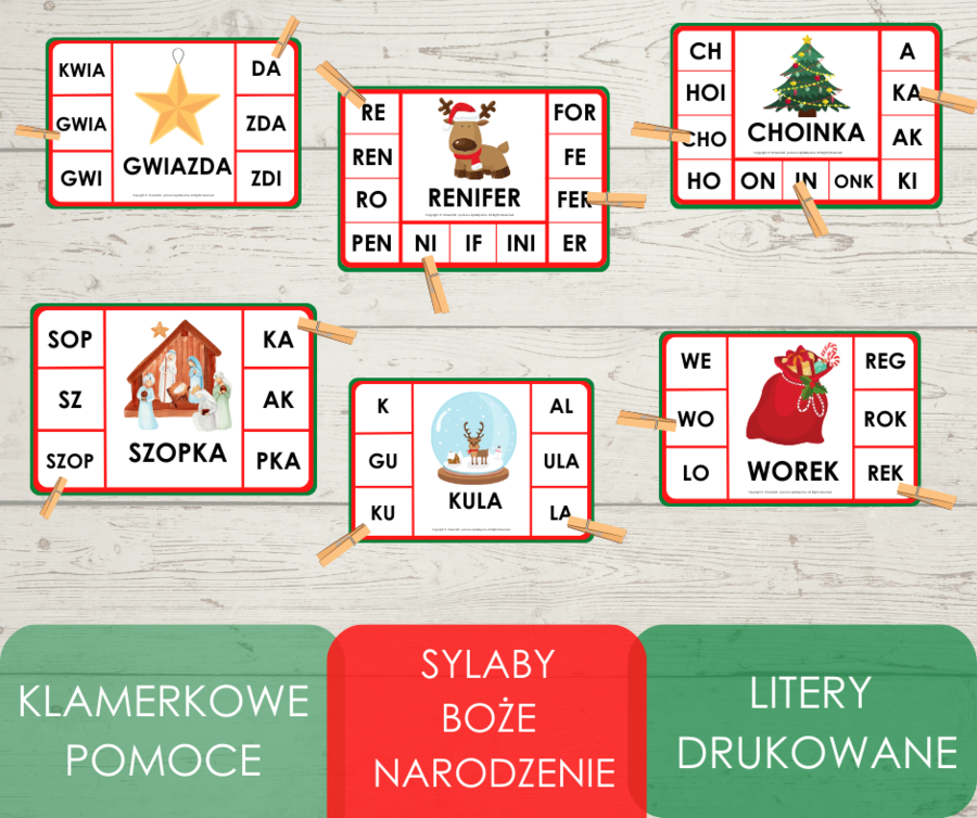 Klamerkowe pomoce - sylaby - Boże Narodzenie (litery drukowane)